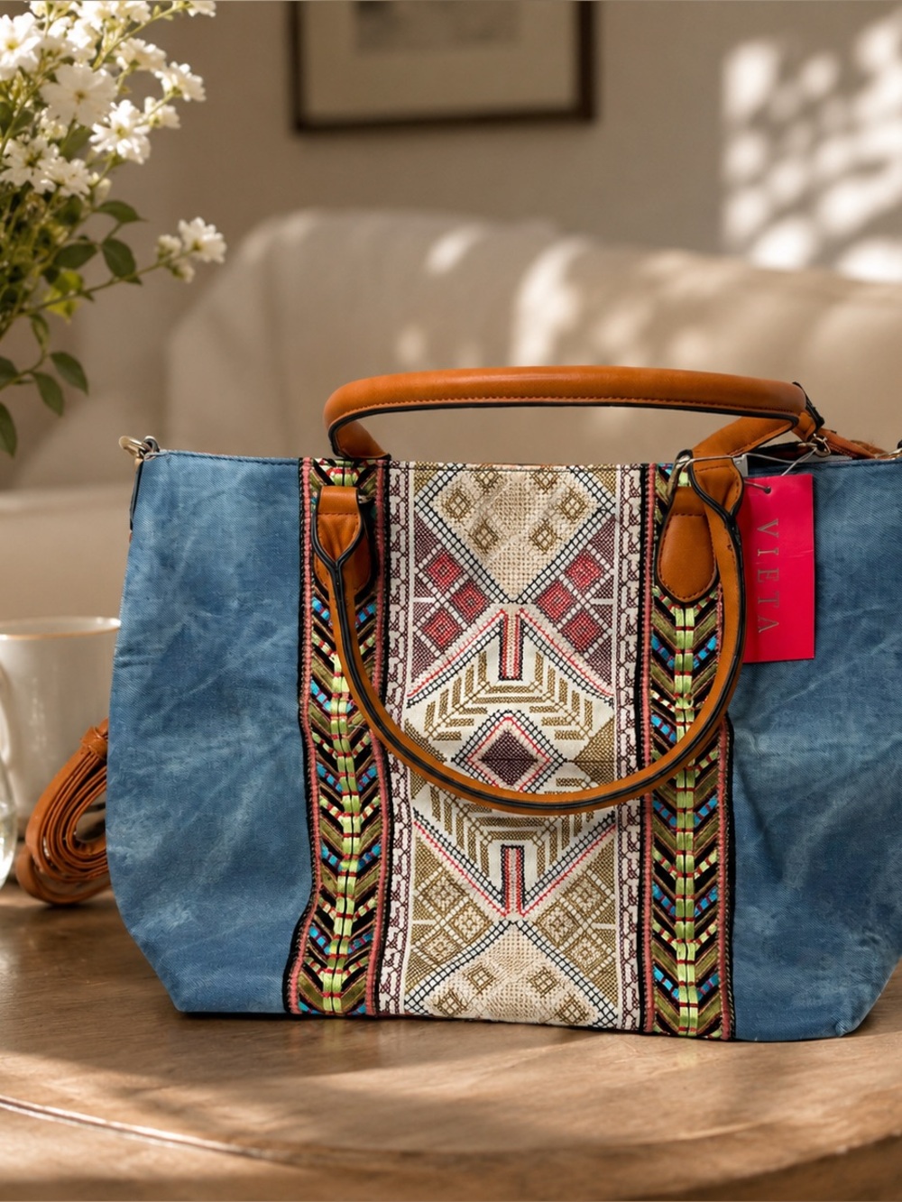 NWT Vieta Western Boho Embroidered Tote Crossbody Bag